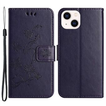 Voor iPhone 14 6.1 inch Algehele Dekking PU Leather Stand Portemonnee Telefoon Cover Vlinder Bloem Bedrukt Telefoon Case met Riem