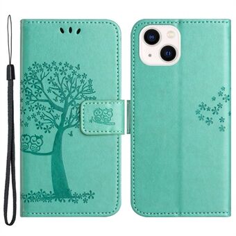 Voor iPhone 14 6.1 inch Stand Uil Boom Patroon PU Lederen Portemonnee Kijkstandaard Volledige Bescherming Beschermhoes met Polsband