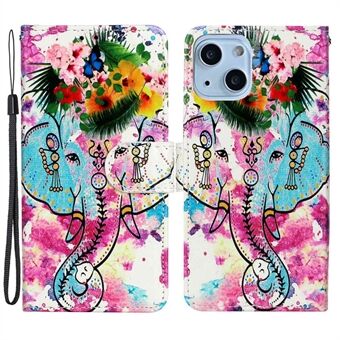 Patroon reliëf telefoonhoes voor iPhone 14 6,1 inch, PU lederen TPU portemonnee Stand schokbestendige hoes met draagriem