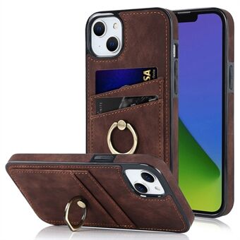 Voor iPhone 14 6.1 inch Retro Vinger Ring Kickstand Ontwerp Leer Gecoate TPU Telefoon Case Kaartsleuven Achterkant: