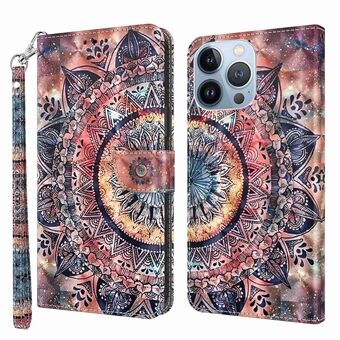 Telefoonhoesje voor iPhone 14 6.1 inch, Stand 3D-patroonafdrukken PU-leer + TPU-portemonneestijlbeschermer met riem