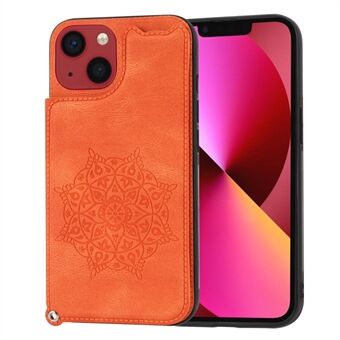 Voor iPhone 14 6.1 inch Mandala Bloem Opdruk Kaartsleuf Kickstand Leer Gecoat TPU Telefoon Case Anti Scratch Cover met Polsband