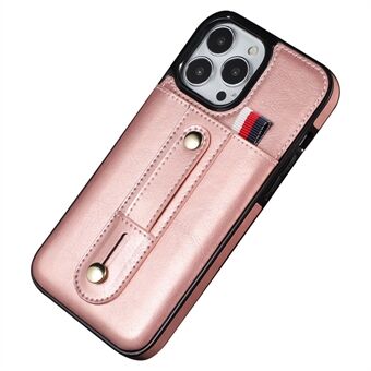 Voor iPhone 14 6.1 inch Anti Scratch Mobiele Telefoon Shell Card Slot Kickstand Hand Grip Strap Ontwerp PU Leer + TPU Case