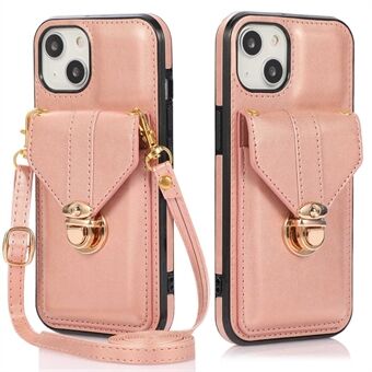 Voor iPhone 14 6.1 inch Anti- Scratch Telefoon Cover PU Leer + TPU Kaarthouder Kickstand Telefoon Case met Schouderriem: