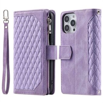 Voor iPhone 14 6.1 inch Schokbestendig Telefoon Cover Ruit Raster Textuur PU Leer Rhombus Flip Wallet Stand Case: