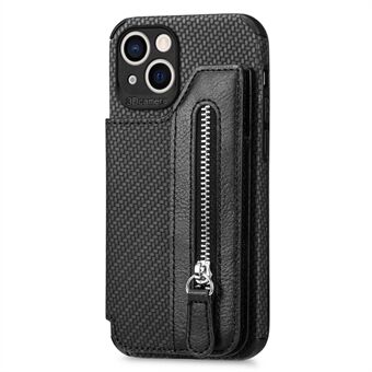 Drop-proof Telefoon Cover Voor iPhone 14 6.1 inch, Koolstofvezel Textuur Ritsvak Leer Gecoate TPU Telefoon Case Kickstand