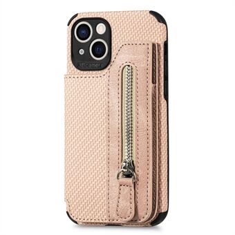 Drop-proof Telefoon Cover Voor iPhone 14 6.1 inch, Koolstofvezel Textuur Ritsvak Leer Gecoate TPU Telefoon Case Kickstand