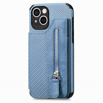 Drop-proof Telefoon Cover Voor iPhone 14 6.1 inch, Koolstofvezel Textuur Ritsvak Leer Gecoate TPU Telefoon Case Kickstand