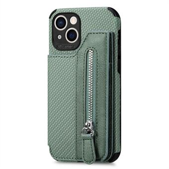 Drop-proof Telefoon Cover Voor iPhone 14 6.1 inch, Koolstofvezel Textuur Ritsvak Leer Gecoate TPU Telefoon Case Kickstand