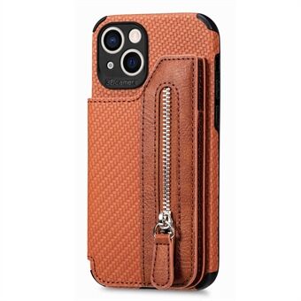 Drop-proof Telefoon Cover Voor iPhone 14 6.1 inch, Koolstofvezel Textuur Ritsvak Leer Gecoate TPU Telefoon Case Kickstand