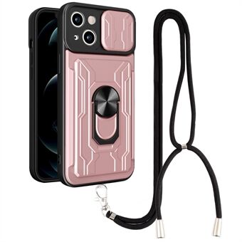 Voor iPhone 14 6.1 inch Ring Kickstand Hard PC Soft TPU Hybrid Phone Case Slide Lens Bescherming Card Slot Shockproof Case met Lanyard: