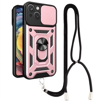 Telefoonhoes Kickstand Voor iPhone 14 6.1 inch, Ring Anti-val PC + TPU Telefoon Shell met Slide Camera Beschermhoes en Lanyard