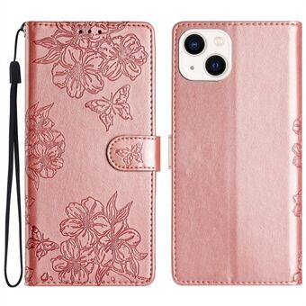 Voor iPhone 14 Hoesje Sakura Vlinder Afdruk Volledige Bescherming Leren Stand Telefoonhoes