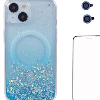 WANLONFENG JWT Series Voor iPhone 14 Glitter Sequin TPU+Acryl Magnetische Telefoonhoes met Schermfolie + Lensfolie