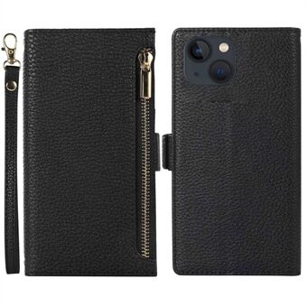 Voor iPhone 14 Ritsvak Ontwerp Telefoonhoes Litchi Textuur Volledige bescherming PU lederen telefoon Flip Cover Portemonnee met riem