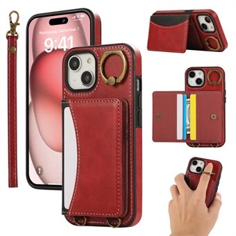 Voor iPhone 14 PU Lederen Achterkant Hoesje Kaart Houder Kickstand Telefoonhoes met Polsband