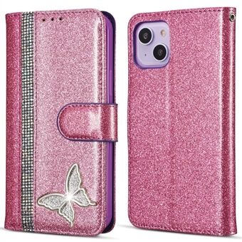 Voor iPhone 14 Glitter Leren Hoes met Metalen Diamanten Fladderende Portemonnee en Standaard Cover