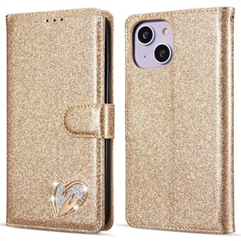 Voor iPhone 14 Glitter Leren Hoesje met Diamant Liefdeshart Portemonnee Standaard Flip Cover