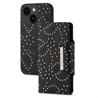 Voor iPhone 14 blad bedrukt glitter bloem ontwerp PU lederen afneembare telefoon beschermhoes portemonnee hoesje