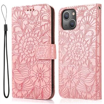 Voor iPhone 14 bedrukt bloemenpatroon PU lederen telefoonhoes Stand schokbestendig telefoon portemonnee hoesje met riem