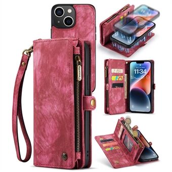 CASEME 008-serie voor iPhone 14 PU lederen ritsvak Afneembare magnetische telefoonhoes Multifunctionele portemonnee Stand Cover met riem