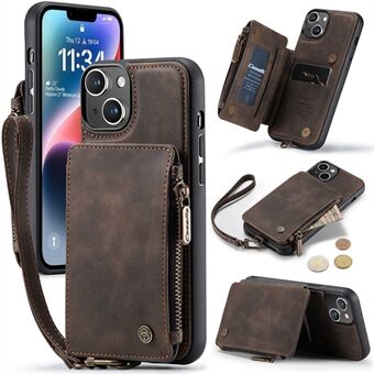 CASEME C20-serie voor iPhone 14 PU-leer gecoat Soft TPU-portemonnee Telefoonhoes Rits Dubbele magnetische knop Flip Kickstand Beschermhoes met riem