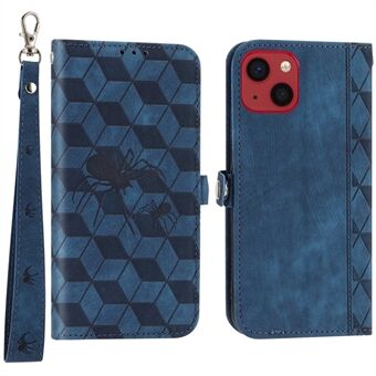 Wallet Phone Stand Cover voor iPhone 14, PU lederen bedrukte Spider Rhombus Pattern Phone Case met riem