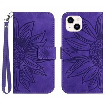 Flip-telefoonhoes voor iPhone 14, HT04 bedrukte zonnebloem verstelbare Stand PU lederen skin-touch magnetische portemonnee-hoes met riem