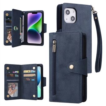 Voor iPhone 14 PU lederen magnetische handtas portemonnee flip telefoonhoes klinknagel decor ritsvak meerdere kaartsleuven Stand cover met riem