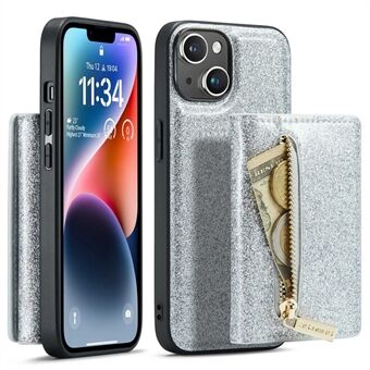 DG.MING M3-serie voor iPhone 14 2-in-1 afneembare schokbestendige telefoonhoes Glittery portemonnee met ritssluiting Magnetische achterkant Kickstand