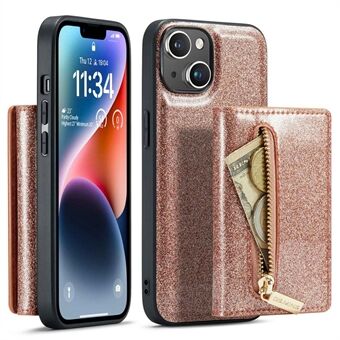 DG.MING M3-serie voor iPhone 14 2-in-1 afneembare schokbestendige telefoonhoes Glittery portemonnee met ritssluiting Magnetische achterkant Kickstand