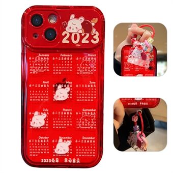 Voor iPhone 14 Zachte TPU-telefoonhoes Rode kalender Anti Scratch mobiele telefoonhoes met klepspiegel en ketting