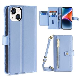 Voor iPhone 14 Ritsvak Schokbestendig PU-leer Stand Case Kaartsleuven Flip Telefoonhoes met polsband en schouderriem