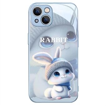 Voor iPhone 14 Back Cover, Cartoon Konijn met Gebreide Muts Gehard Glas + TPU Telefoon Beschermhoes