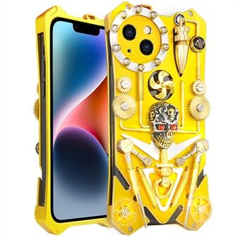 Voor iPhone 14 Metal Mechanical Gear Armor Case Handgemaakte Skull Shockproof Phone Cover - Goud