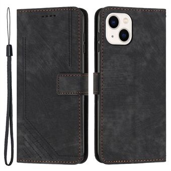 Voor iPhone 14 / 13 Stand Leather Phone Case Skin-touch Lines Imprinted Wallet Cover