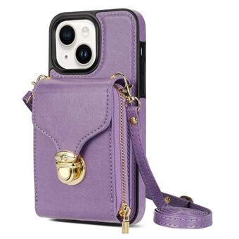 Voor iPhone 14 PU-leer gecoat TPU-telefoonhoes Rits Kaartsleuf Kickstand Cover met schouderriem