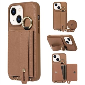 Leer + TPU Cover voor iPhone 13 / 14 6.1 inch Kaarthouder Handriem Kickstand Telefoonhoes met schouderriem