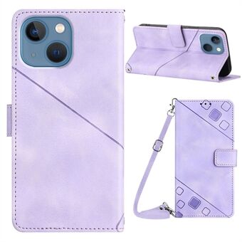 PT005 YB Imprinting Series-7 voor iPhone 14 PU Leather Stand Case bedrukte lijnen portemonnee telefoonhoes met schouderriem