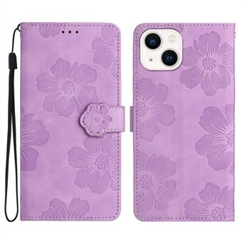 Voor iPhone 14 mobiele telefoonhoes PU-leer bedrukt met bloemenpatroon Stand Wallet Cover met riem
