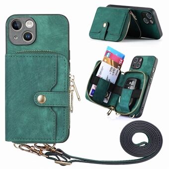 Leer + pc + TPU Kickstand Case voor iPhone 14, Rits Portemonnee Anti- Scratch Telefoonhoes met Lanyard