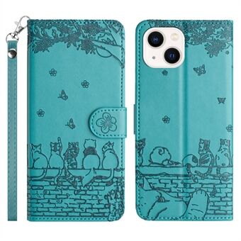 Bedrukt Wall Cats Phone Leather Case voor iPhone 14, Wallet Stand Full Protection Cover met riem