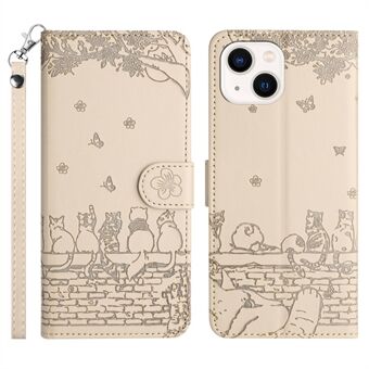 Bedrukt Wall Cats Phone Leather Case voor iPhone 14, Wallet Stand Full Protection Cover met riem