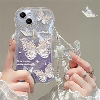 Voor iPhone 14 Gradient Glitter Wavy Edge Phone Case Vlinderpatroon TPU Cover met ketting