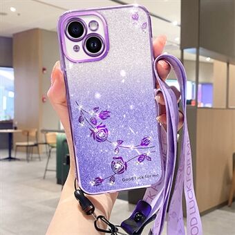 TPU telefoonhoesje voor iPhone 14, bloemontwerp glitter strass decor mobiele telefoonhoes met riem