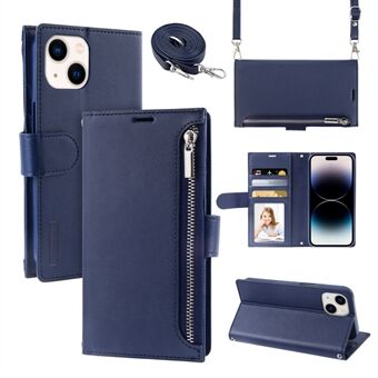 HANMAN Miki-serie telefoonhoes met ritsvak voor iPhone 14, PU-leren portemonnee- Stand met schouderband