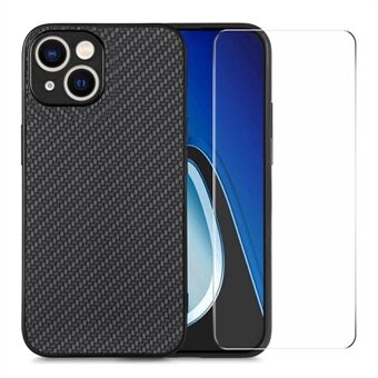 ENKAY HAT PRINCE Carbon Fiber Hoes voor iPhone 14 Lederen+PC Telefoonhoesje met Hoog Aluminium-silicium Glasfolie