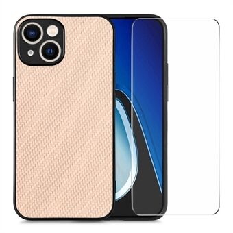 ENKAY HAT PRINCE Carbon Fiber Hoesje voor iPhone 14 Leer+PC Telefoonhoesje met Hoog Aluminium-silicaat Glasfolie