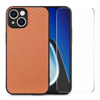 ENKAY HAT PRINCE Carbon Fiber Case voor iPhone 14 Leer+PC Telefoonhoesje met High Aluminium-siliconen Glas Film