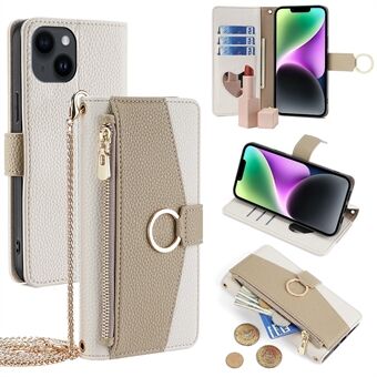 Voor iPhone 14 Hoes PU Leren Makeup Spiegel Portemonnee Telefoonhoes met Vingerring